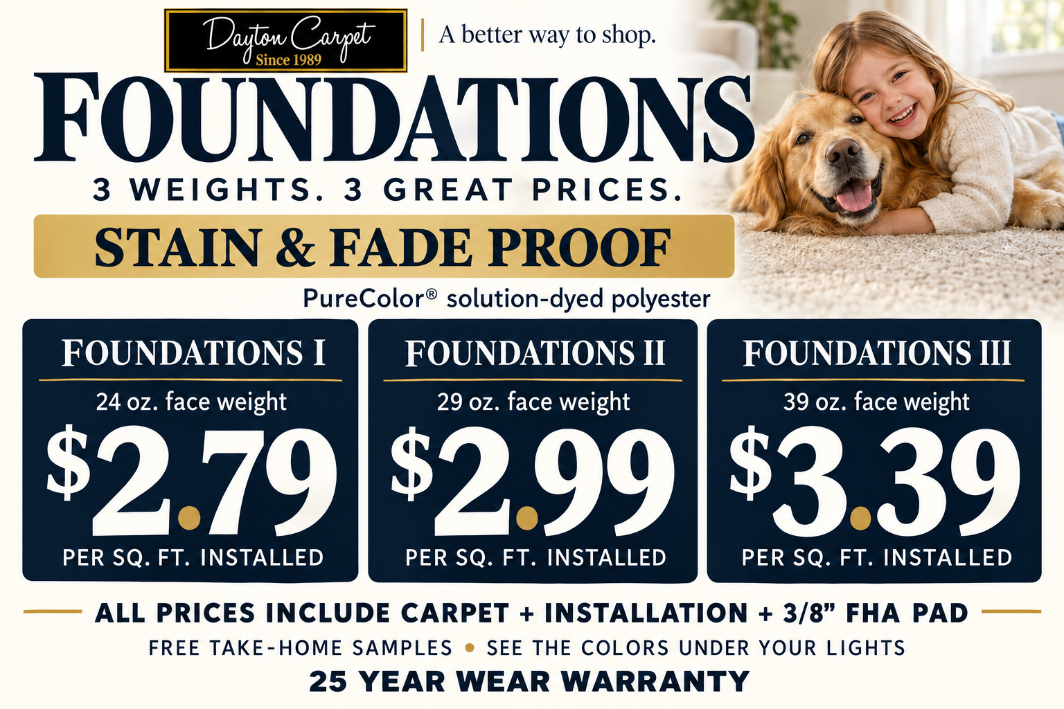 Foundations family and pet enjoying carpet