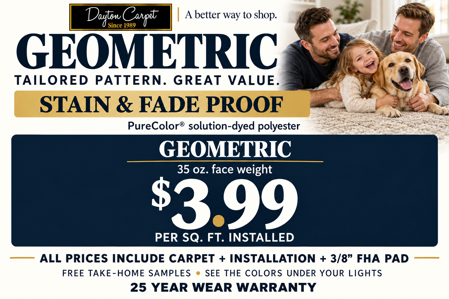 Geometric family and pet enjoying carpet