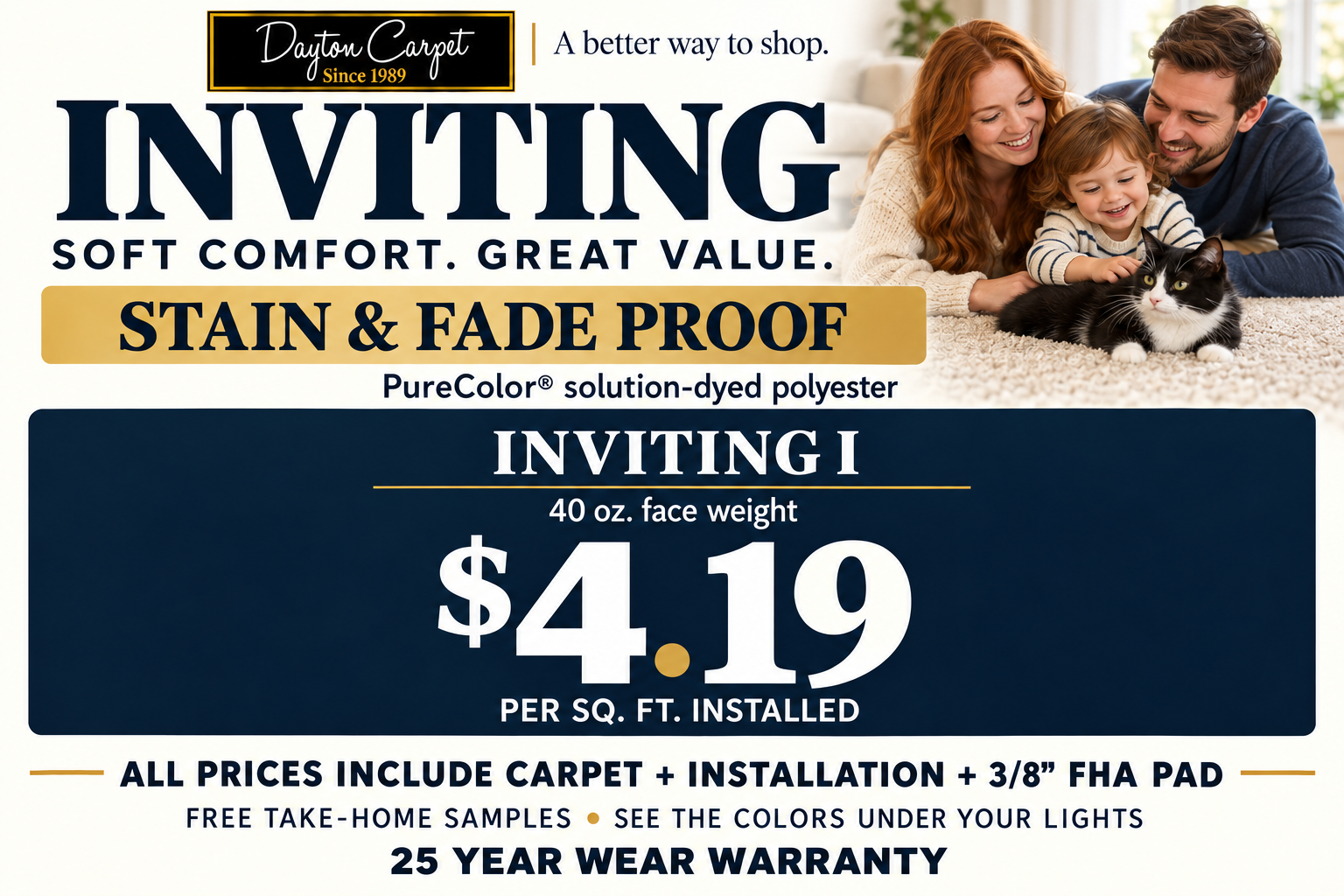 Inviting family and pet enjoying carpet