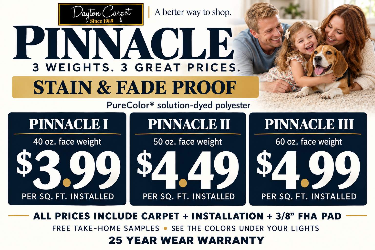 Pinnacle family and pet enjoying carpet
