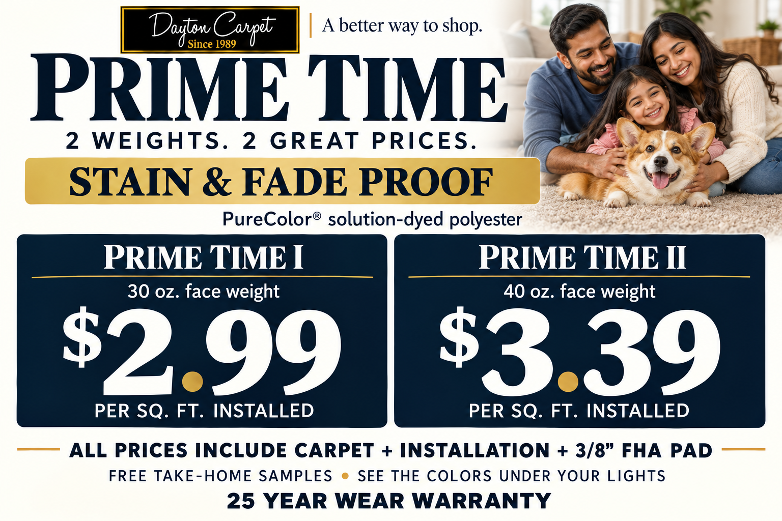 Prime Time family and pet enjoying carpet