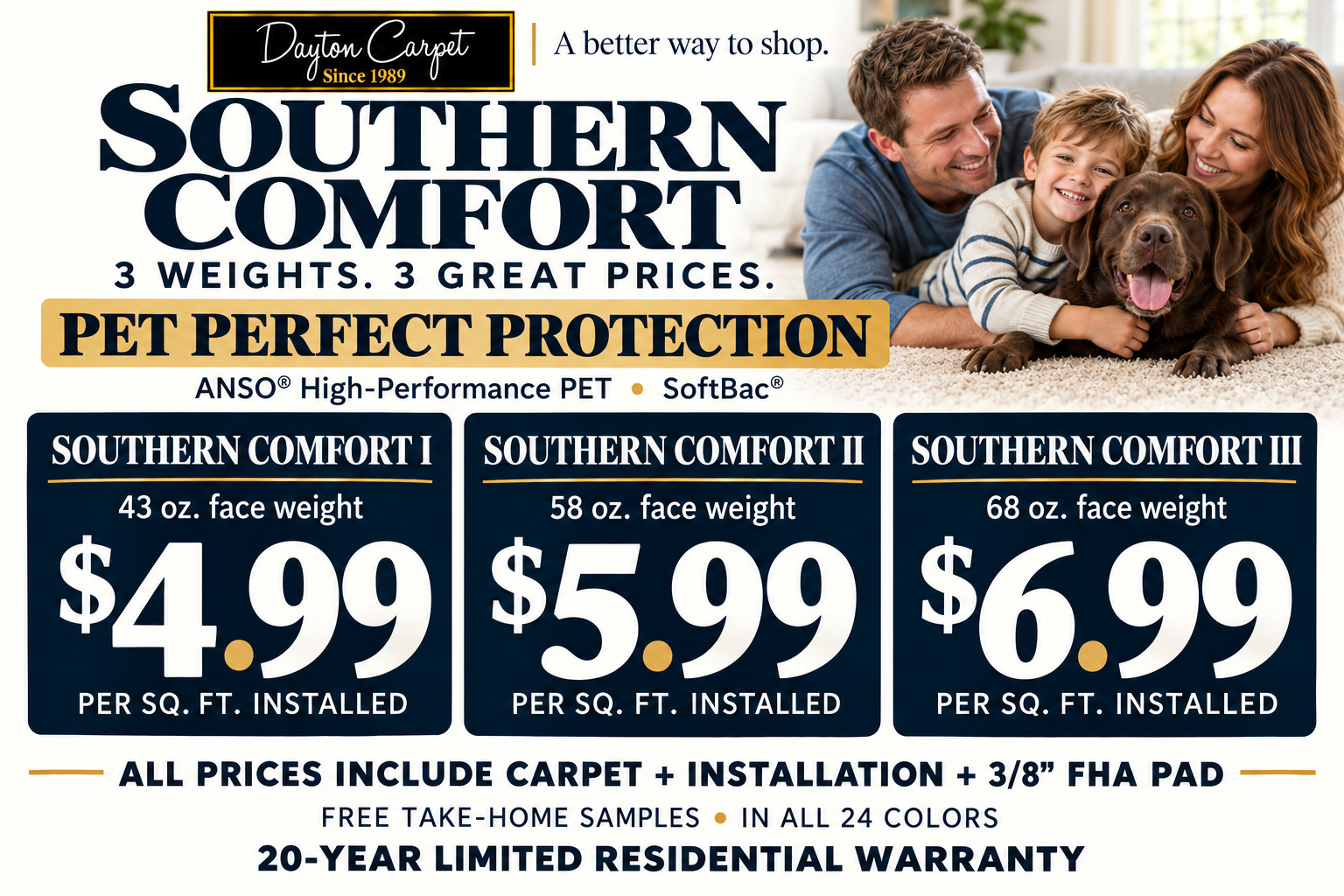 Southern Comfort family and dog enjoying carpet